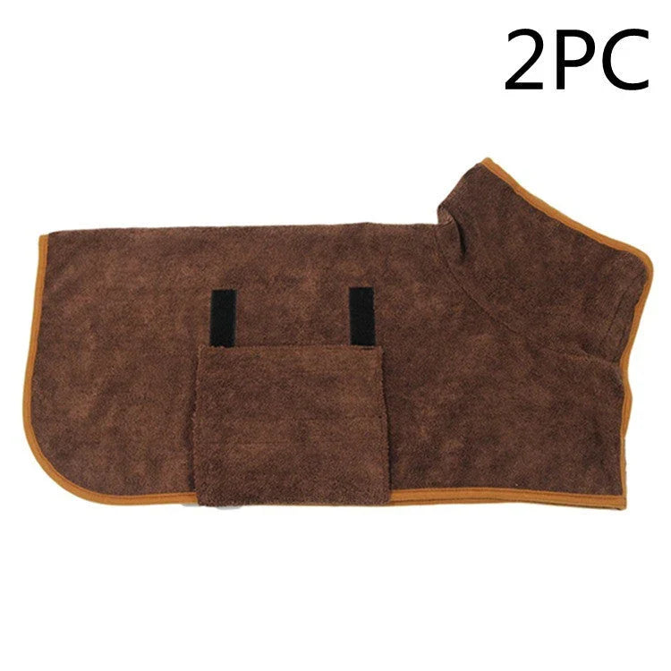 Absorbent dog bathrobe made of soft microfiber material with adjustable waist strap for a custom fit