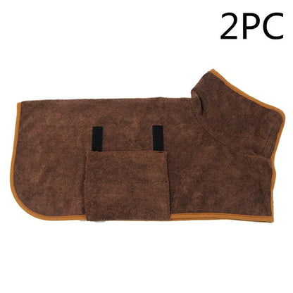 Absorbent dog bathrobe made of soft microfiber material with adjustable waist strap for a custom fit