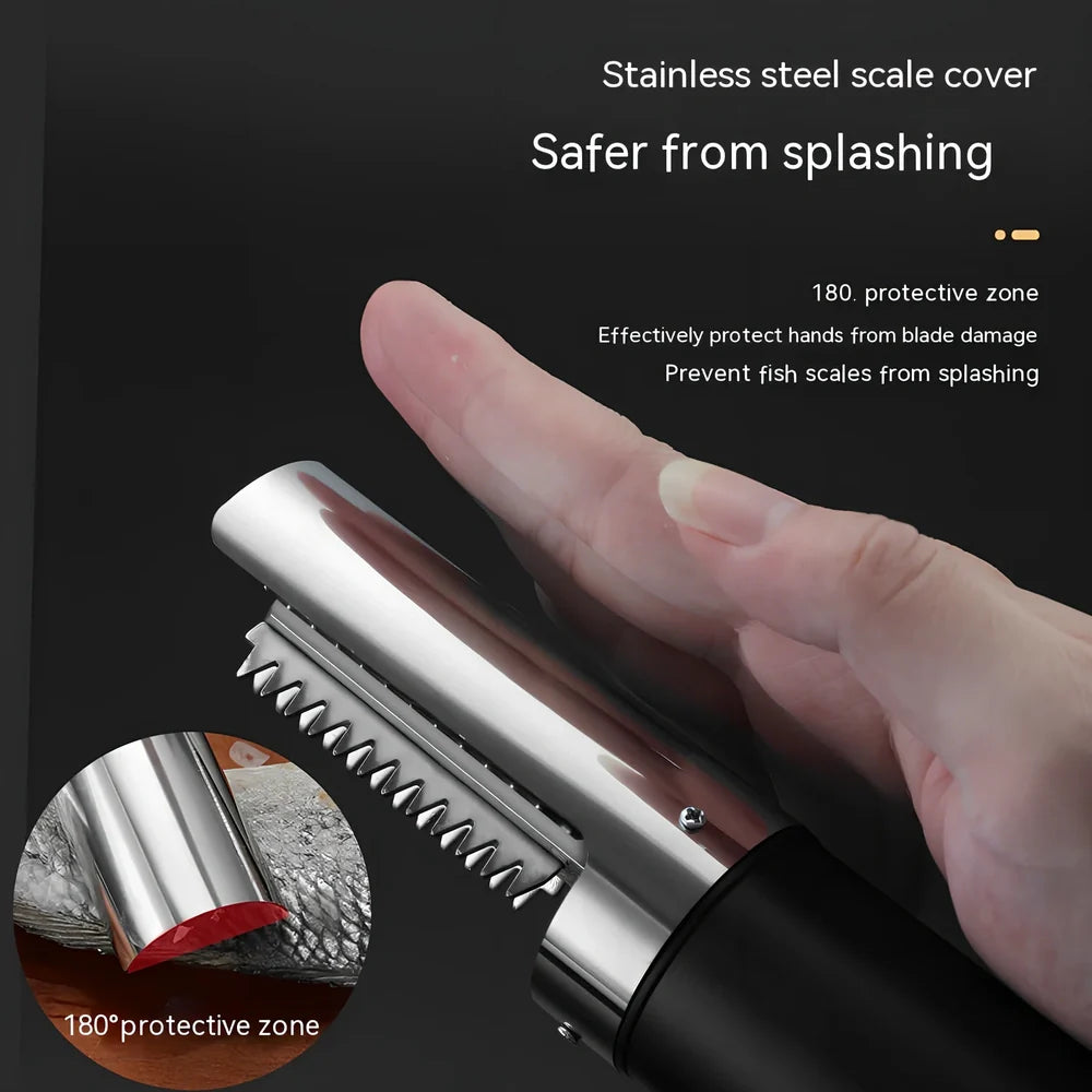 Electric handheld fish scaler machine in white, black, or light green with 125W motor and waterproof design