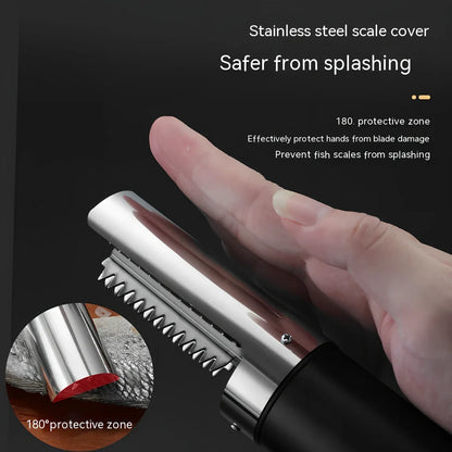 Electric handheld fish scaler machine in white, black, or light green with 125W motor and waterproof design