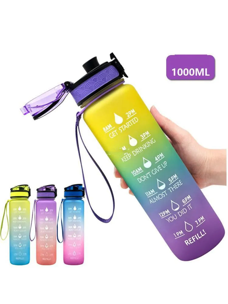 Transparent 1000ml sports water bottle made from BPA-free Tritan and PP plastic with infuser, available in multiple colours for gym, school, or daily hydration needs, measuring approximately 29.5cm tall and 7.5cm wide.