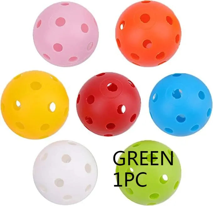 Multi-colour golf practice balls in red, orange, blue, green, white, and yellow, 42mm diameter, packed in a net pocket