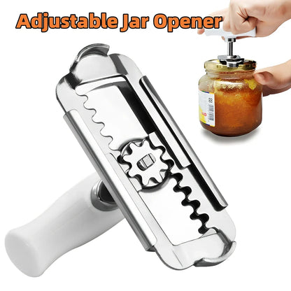 Adjustable stainless steel jar opener with ABS plastic handle, showing steel teeth and collapse feature