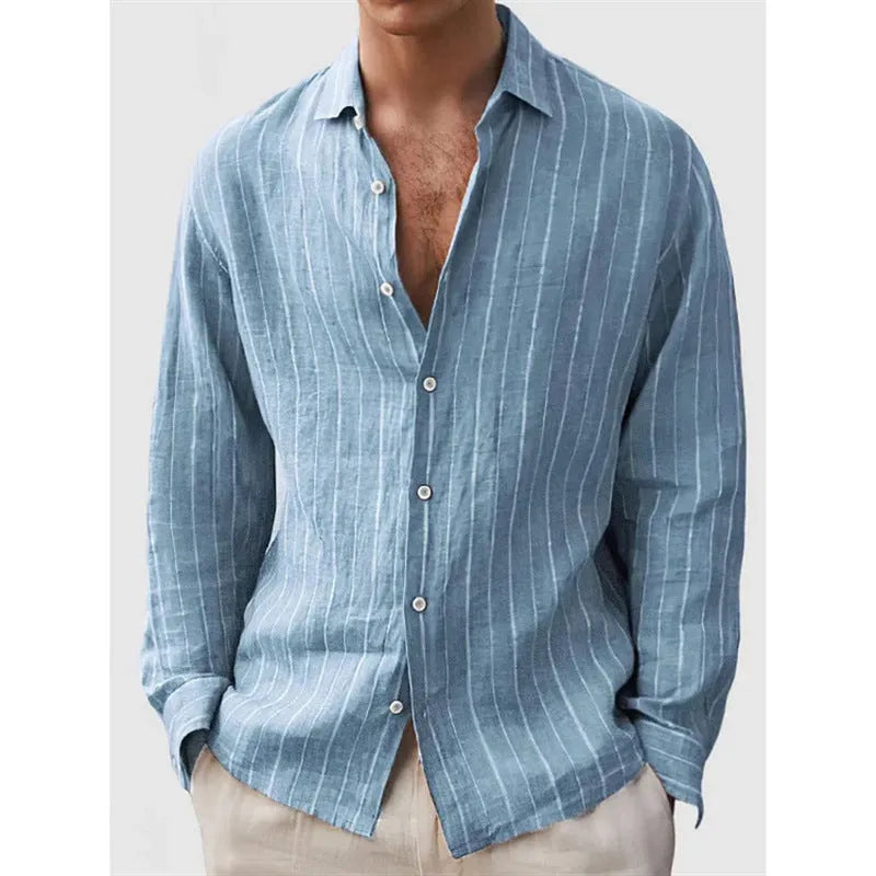 Man wearing a loose striped cardigan-style shirt with short sleeves.