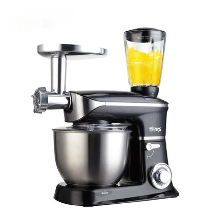 Black and white three-in-one kitchen machine with 6.5L bowl, aluminium attachments, and tilt-head design