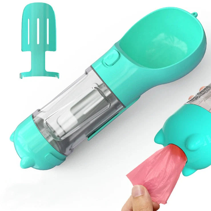 Aquamarine portable dog water bottle with attached poop bag dispenser and treat holder compartment