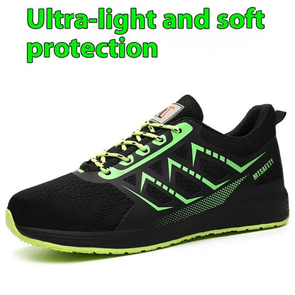 Black ultra-light labour protection safety shoes with steel toe cap and lace-up front.