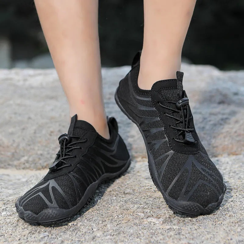 Men and women's casual sports running shoes with breathable air layer upper and non-slip natural rubber sole for fitness, cycling, hiking, and everyday use in sizes 35 to 46, available in black, black gold, white, and other colour options