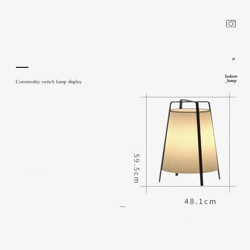 Japanese wabi-sabi floor lamp with cloth shade, iron frame, LED light source and push-button switch