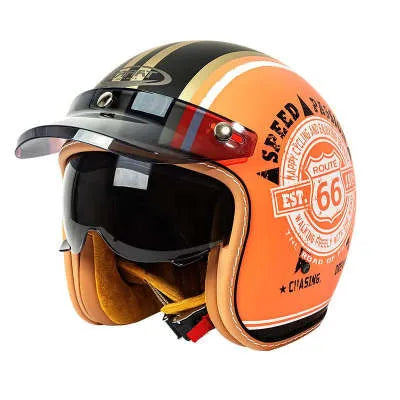 Retro-style motorcycle half helmet in ABS construction showing colour options and size range from S to XXL