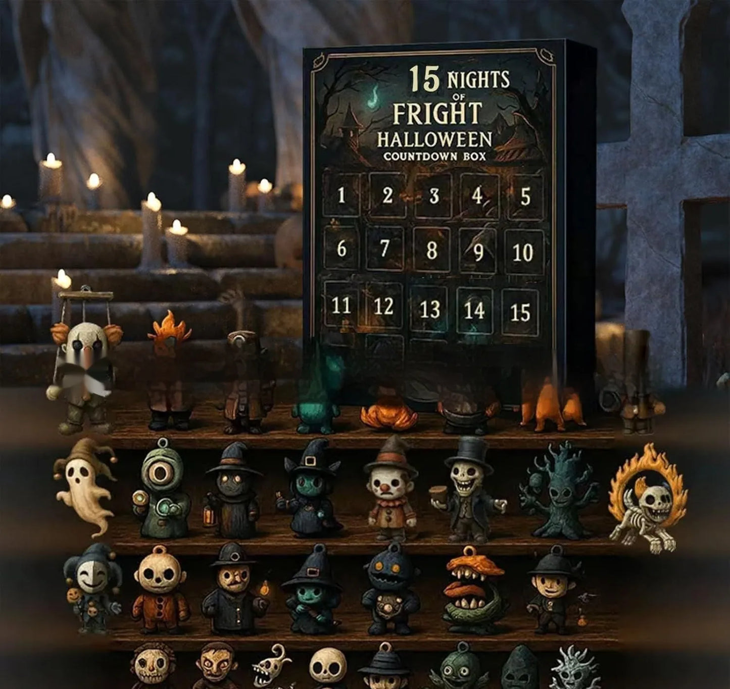 Halloween blind box advent countdown with resin dolls in plastic packaging for Christmas