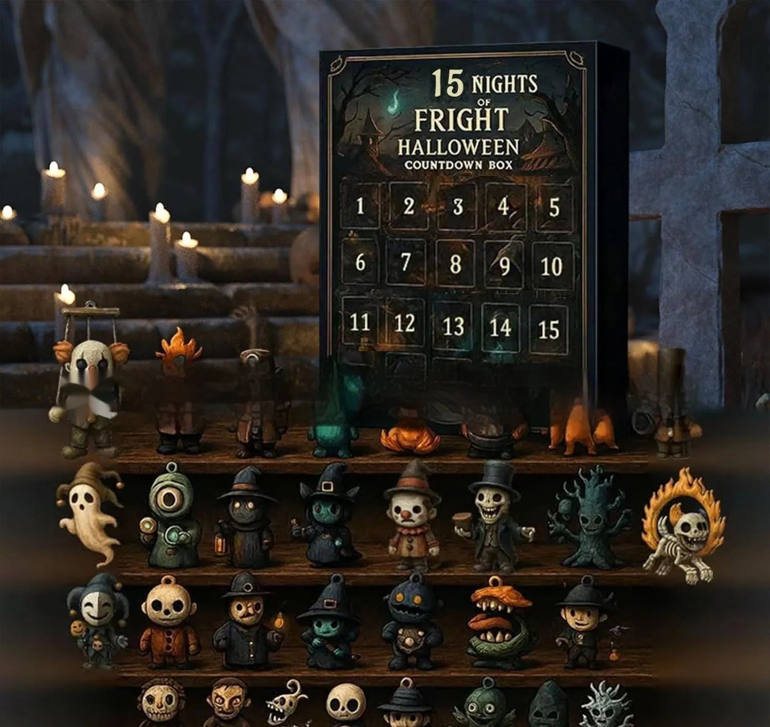 Halloween blind box advent countdown with resin dolls in plastic packaging for Christmas
