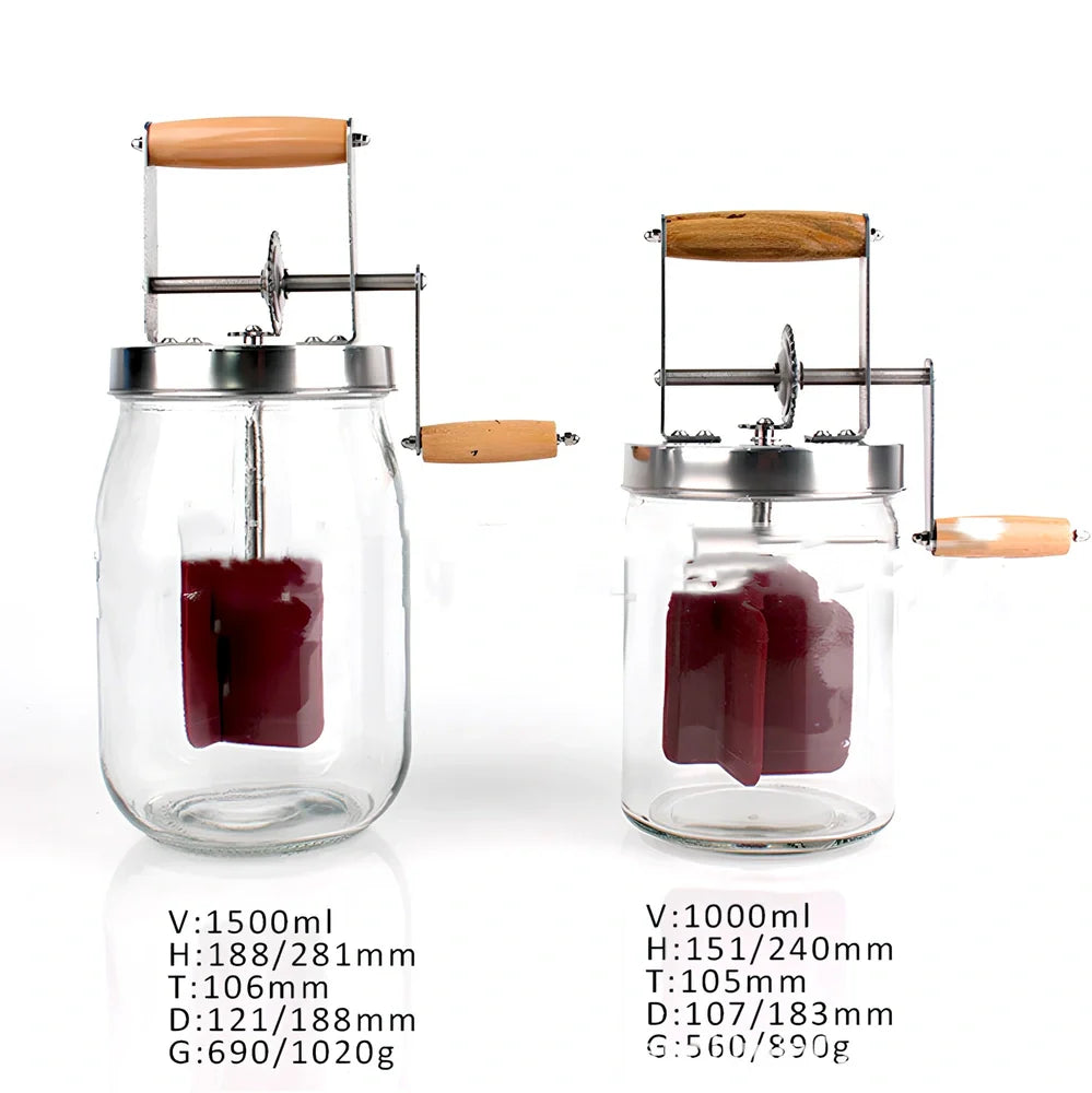 Food grade glass blender with high white glass container showing 1500ml and 1000ml capacity options