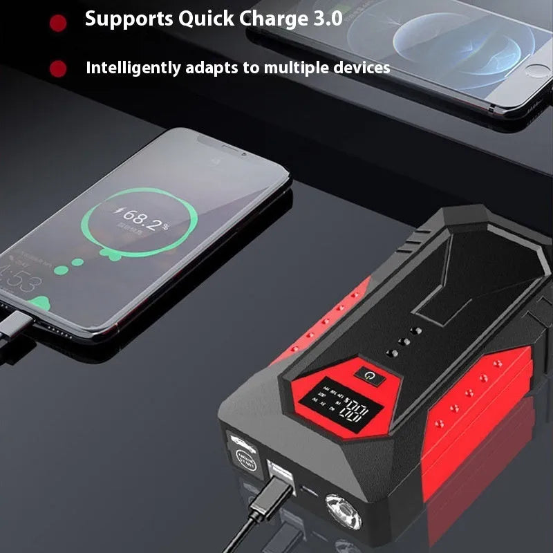 Red 12V emergency start power source with 18800 capacity, battery clamp, and data cable for car jump starting