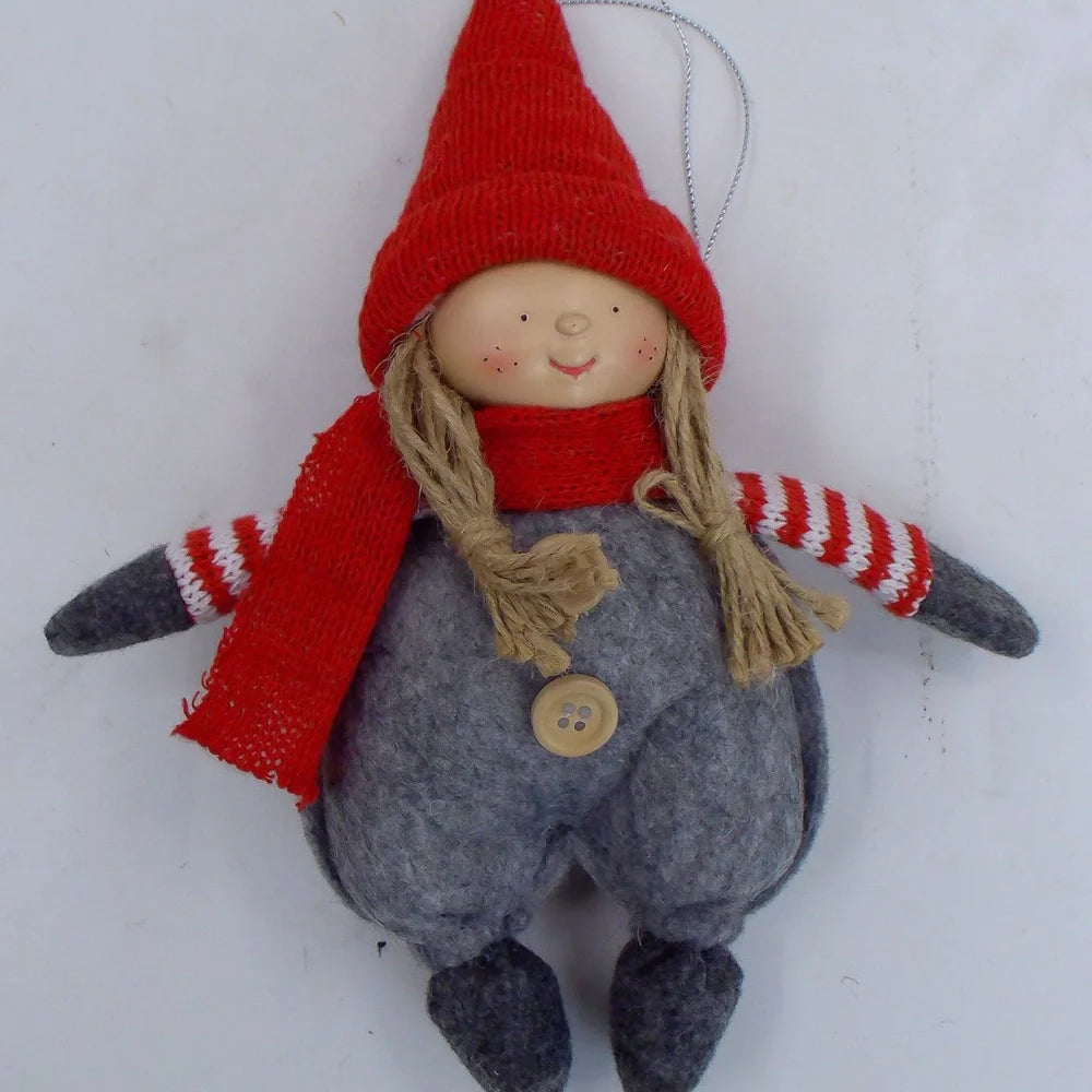 Christmas Easter fabric plush doll in dark brown with green clothing and red hat showing two size options