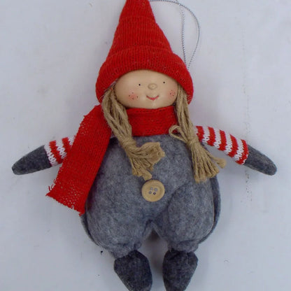 Christmas Easter fabric plush doll in dark brown with green clothing and red hat showing two size options