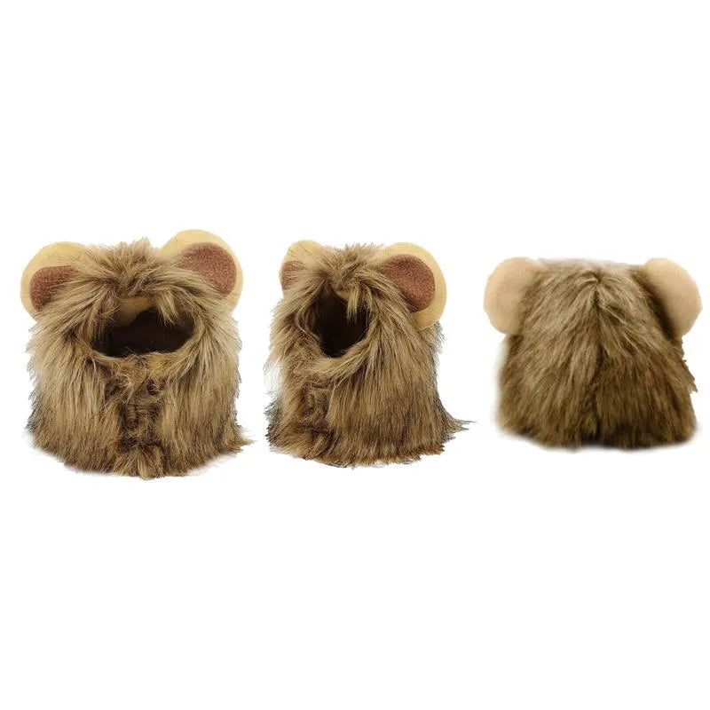 Lion mane costume wig for a cat or small dog on a white background, showing fluffy artificial hair and adjustable straps.