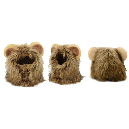 Lion mane costume wig for a cat or small dog on a white background, showing fluffy artificial hair and adjustable straps.