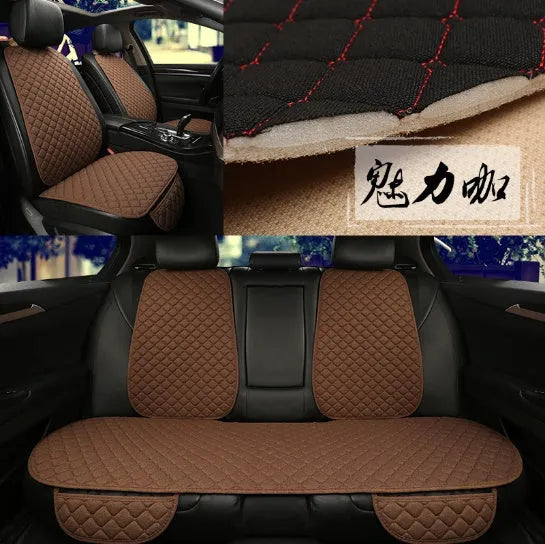 Flax linen car seat cover protector in beige, black, red and brown, with cushion and five-seat style options.