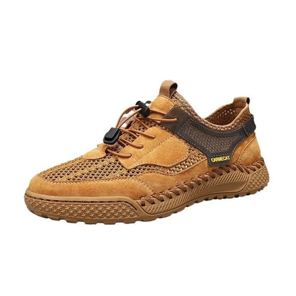 Men's brown suede casual tennis shoes with elastic band closure and hand-stitched rubber sole.