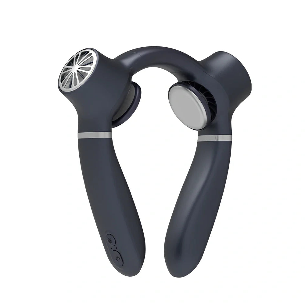 USB rechargeable neck fan with semiconductor cooling in white, dark blue, or light green colours