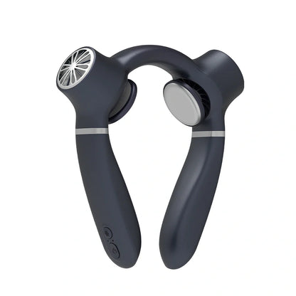 USB rechargeable neck fan with semiconductor cooling in white, dark blue, or light green colours