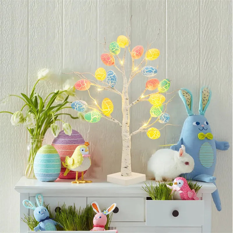 White birch-style LED Easter tree with warm white lights and cracked egg decorations on adjustable branches