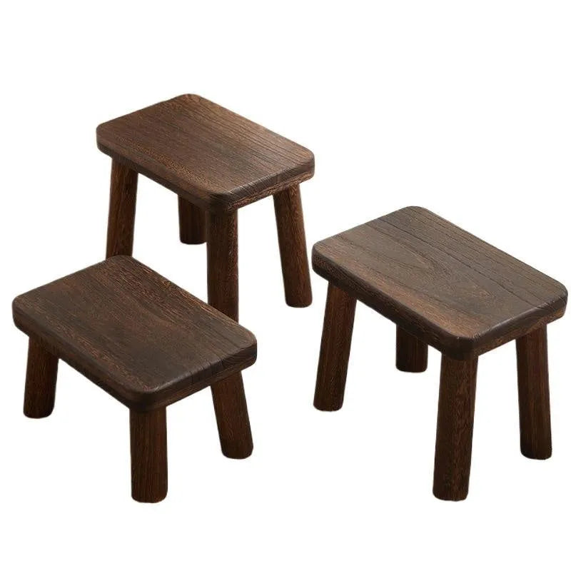 Solid wood stool with bracket structure and distressed finish for shoe changing
