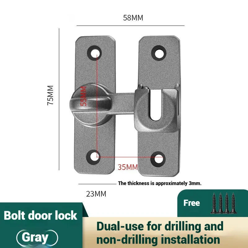 Aluminium alloy punch-free door latch with screws in silver finish showing universal angle adjustment mechanism