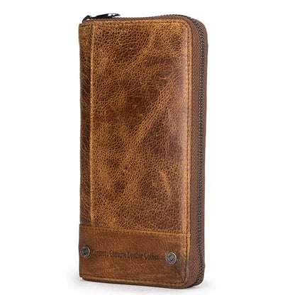 Men's brown genuine cowhide leather long wallet open to show card slots, RFID protection symbol, and zippered coin section.