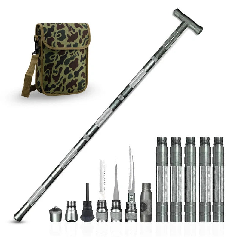 Black aluminium climbing pole with T-handle extended to 145cm beside camouflage storage bag