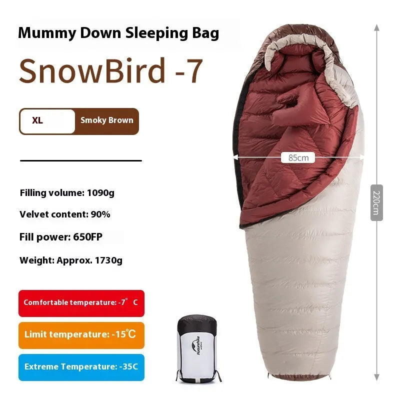 Mummy-style goose down sleeping bag with storage bag, available in 12 specifications from 350g to 1090g fill weight