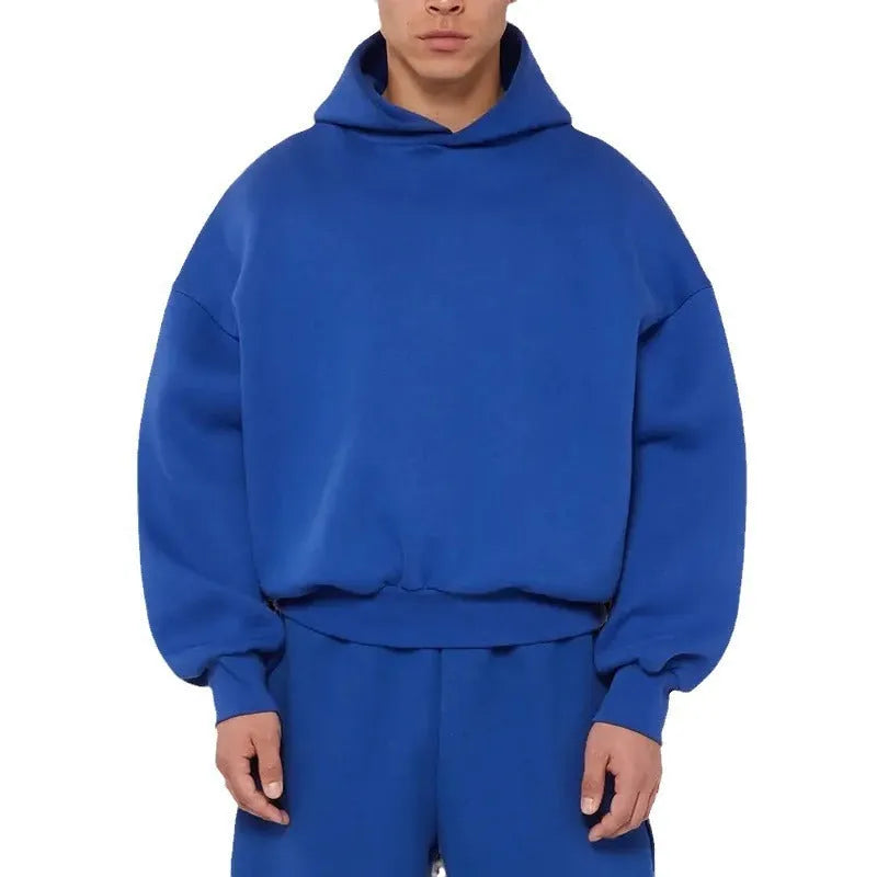 Men's solid colour fleece-lined hoodie with wool lining in pullover style