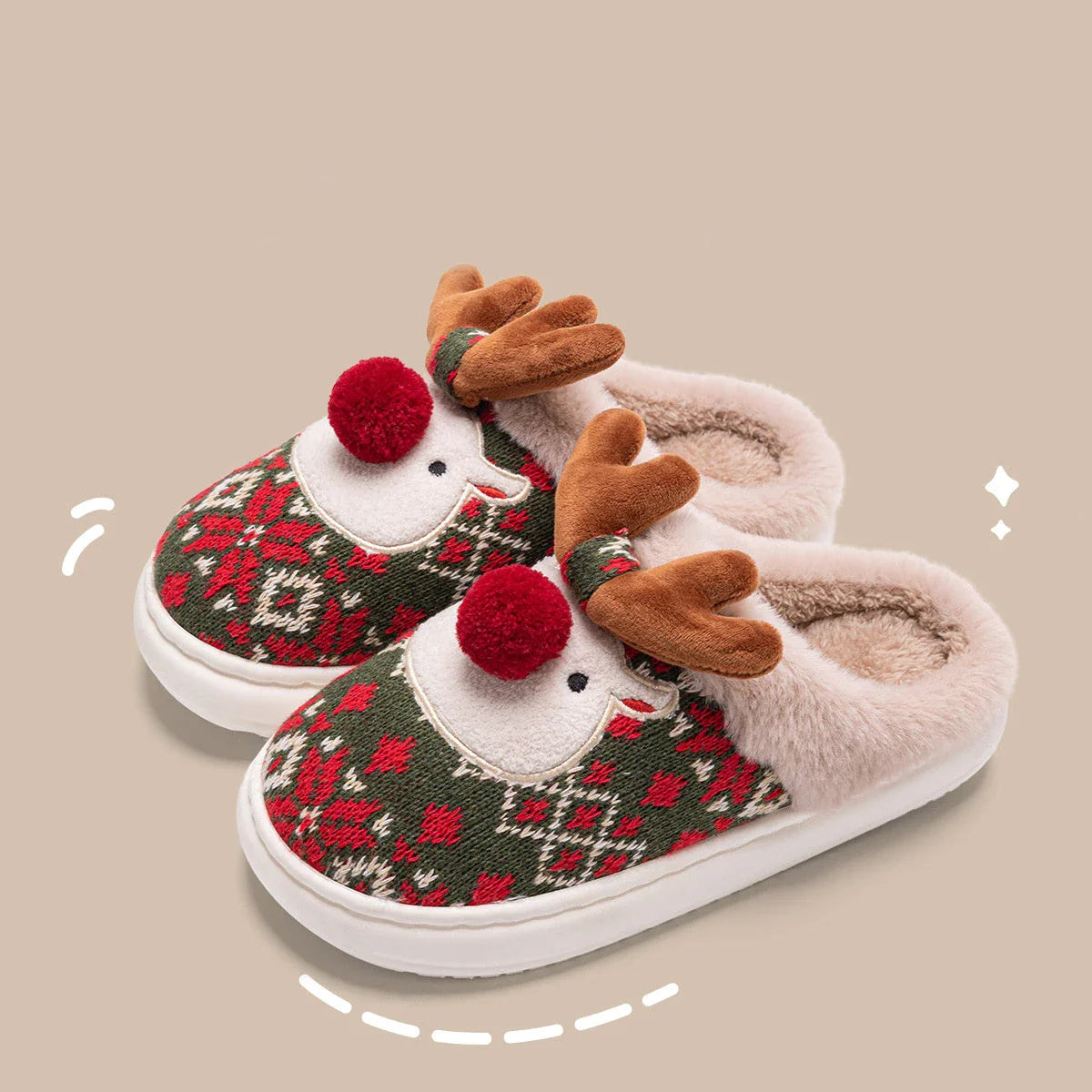 Cozy elk-inspired plush slippers in festive Christmas green and red colors, featuring a soft, comfortable upper and non-slip soles for indoor wear