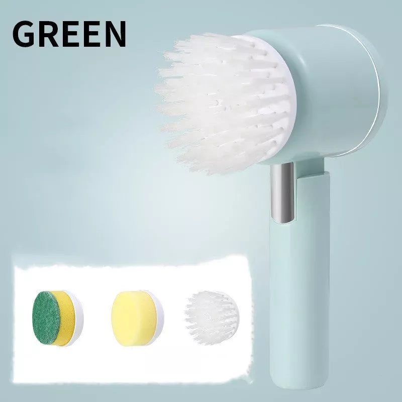 Foldable electric cleaning brush with three interchangeable heads in green, white, and yellow colors