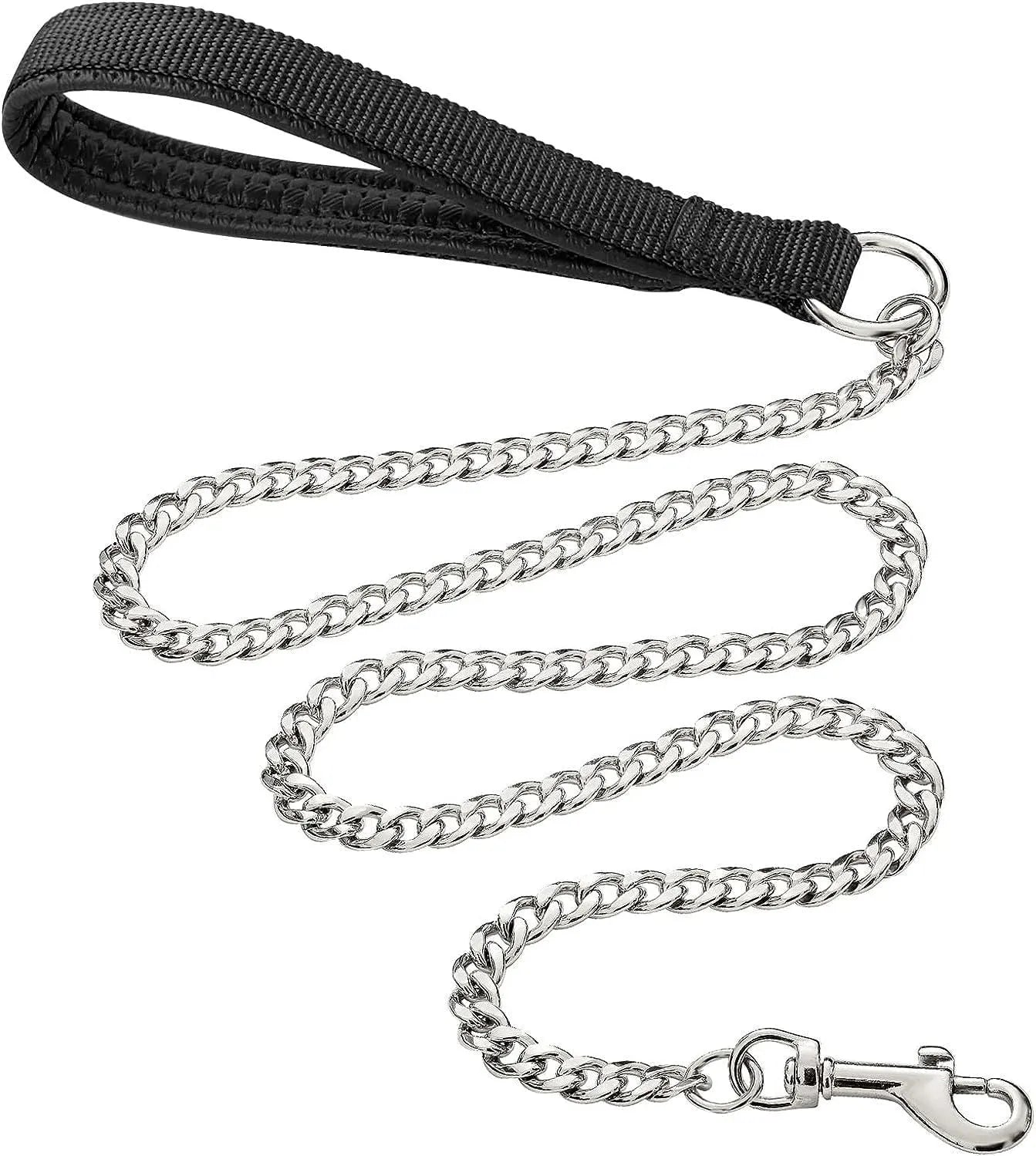 Heavy duty metal dog leash with chew-proof chain and soft padded handle in black, blue, or red colours