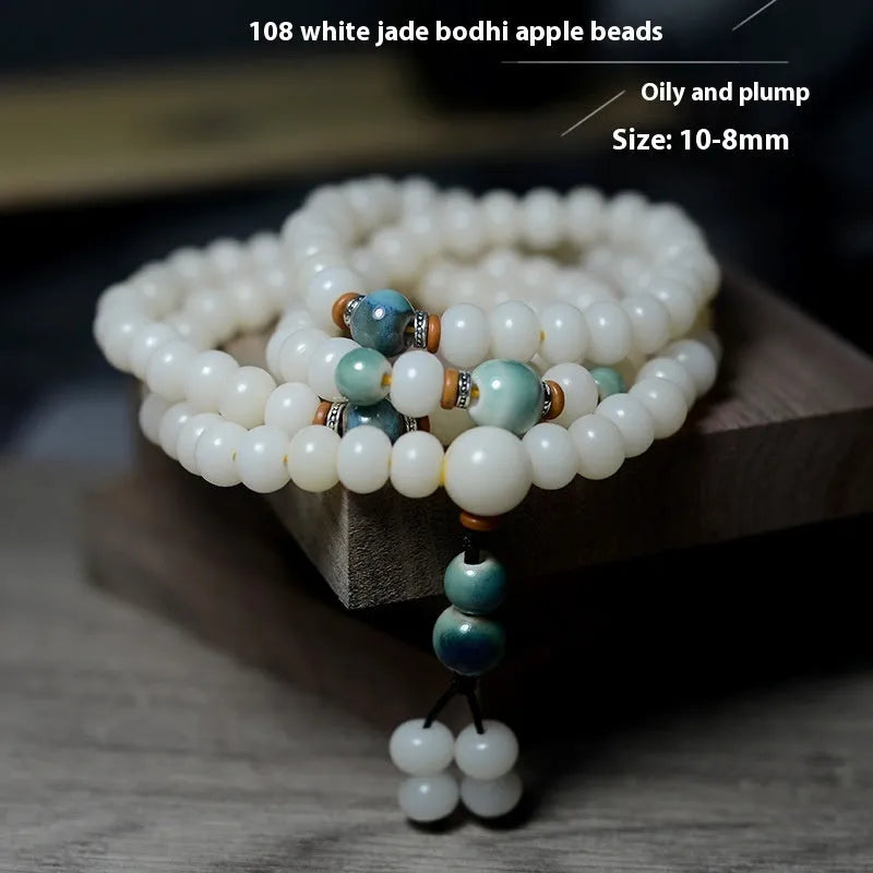 White jade bodhi seed bracelet with 108 flat round oblate beads