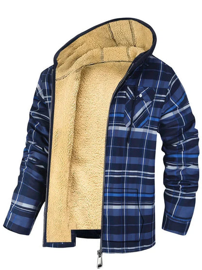 Men's plaid print hooded zip-up jacket with thickened cotton padding for winter warmth