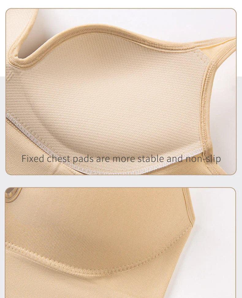 Comfortable back button up sports bra with wide straps in white, black, and apricot