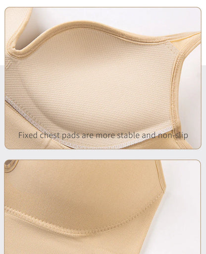 Comfortable back button up sports bra with wide straps in white, black, and apricot