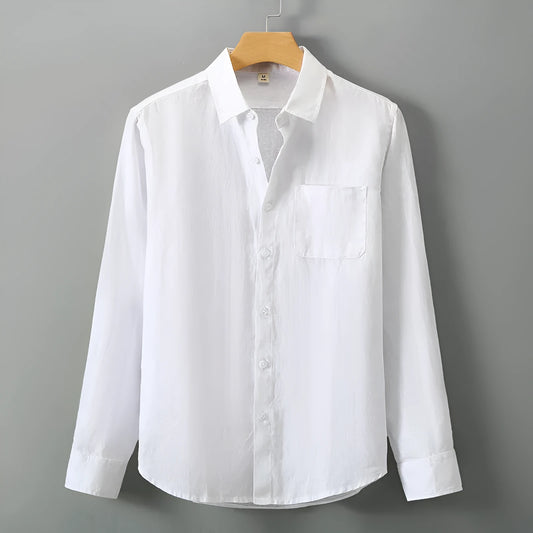 Long sleeve linen cardigan in a Chinese style, shown in a solid colour on a model.