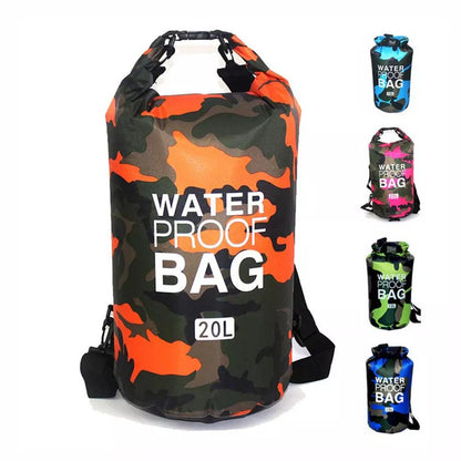 Camouflage polyester waterproof bag with PVC for outdoor activities, available in multiple colors and sizes.