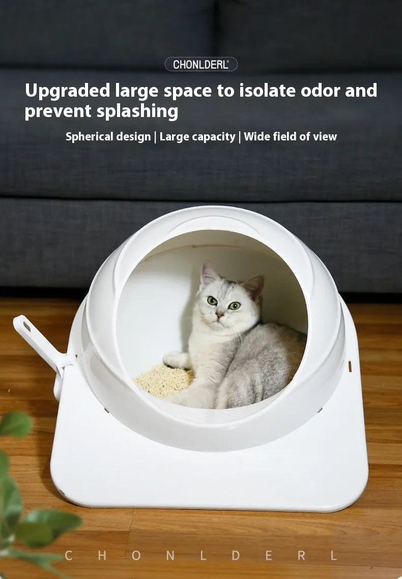 Large grey enclosed cat litter box with deodorising function for indoor use