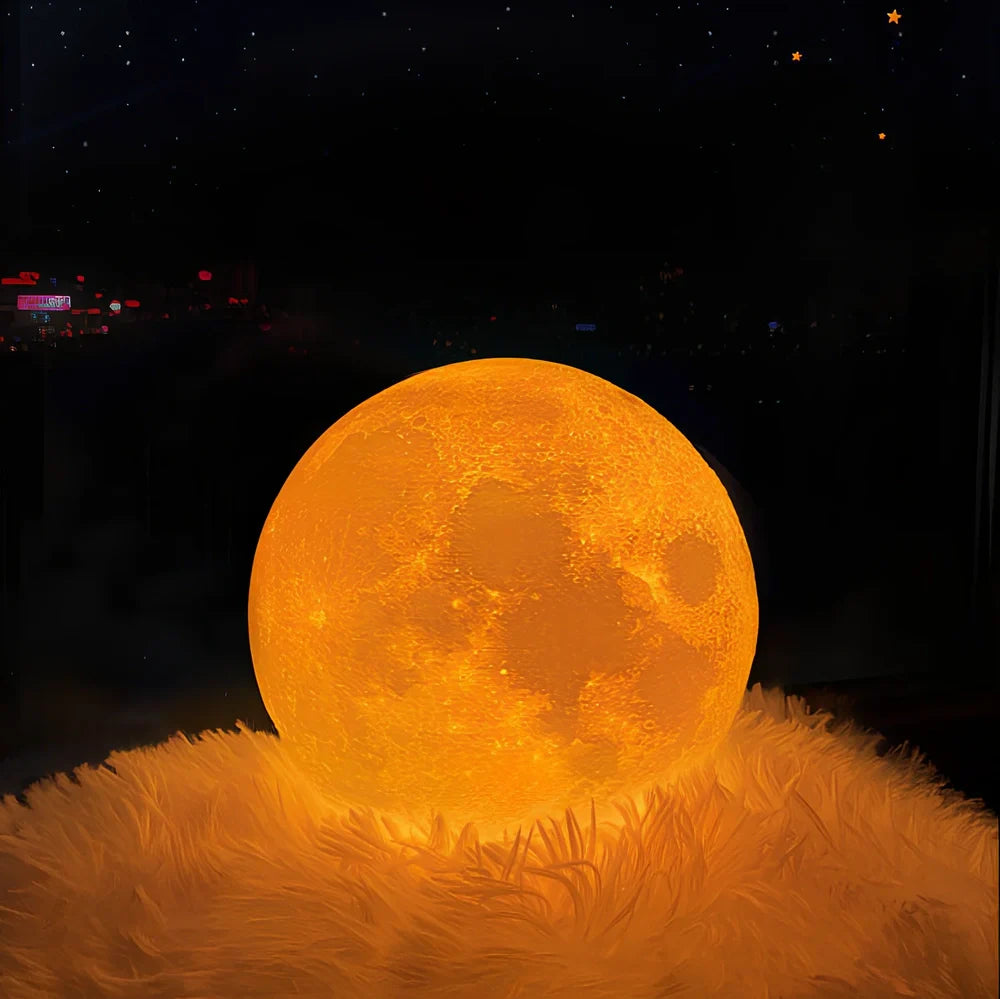 3D-printed moon night table lamp with remote control on wooden holder, showing lunar texture and adjustable brightness aperture