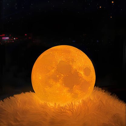3D-printed moon night table lamp with remote control on wooden holder, showing lunar texture and adjustable brightness aperture