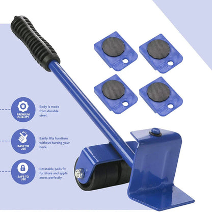 Versatile furniture lifter tool kit with 4 mover pads for easily moving heavy couches, bookcases, refrigerators, and other large household items