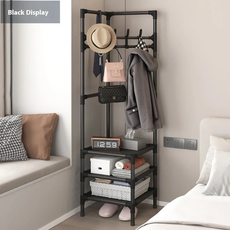 Stainless steel corner coat rack with multi-layer assembly and 10 hooks in black or white