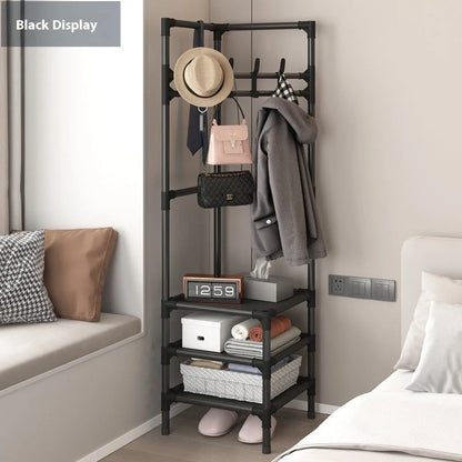 Stainless steel corner coat rack with multi-layer assembly and 10 hooks in black or white