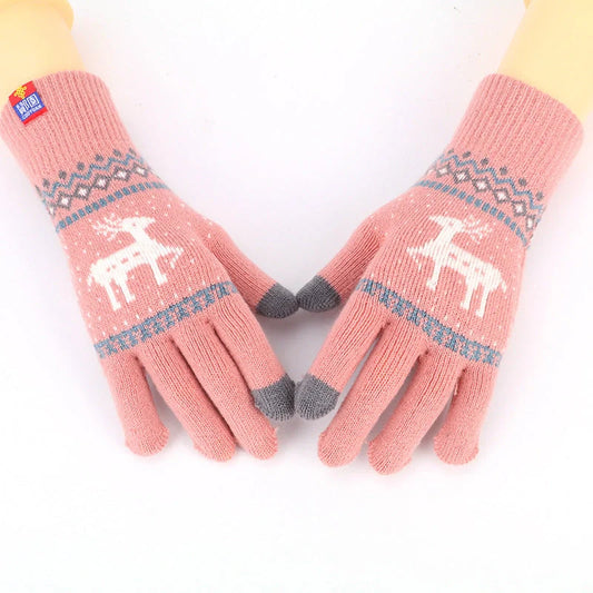 Women's Deer and Snowflake Knitted Winter Gloves with touch screen fingertips