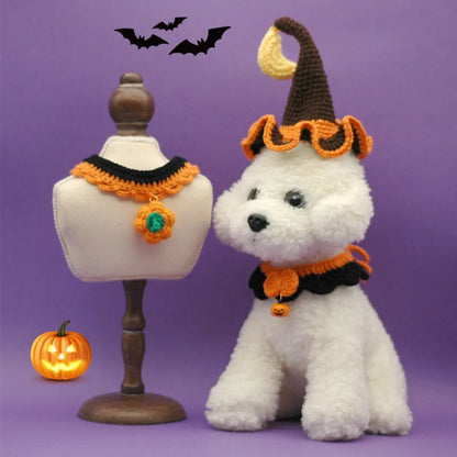 Hand crocheted wool Halloween pet collar for cats and dogs in pumpkin colours